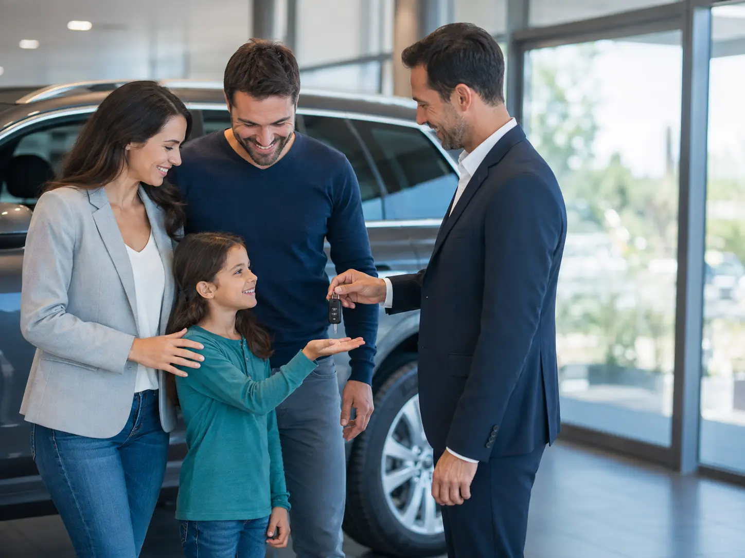 Happy family receiving keys to a vehicle