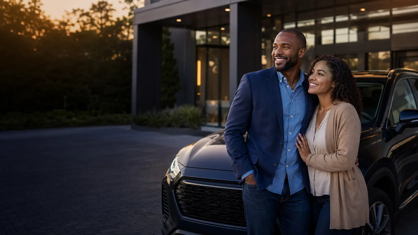 Smiling couple standing beside their vehicle