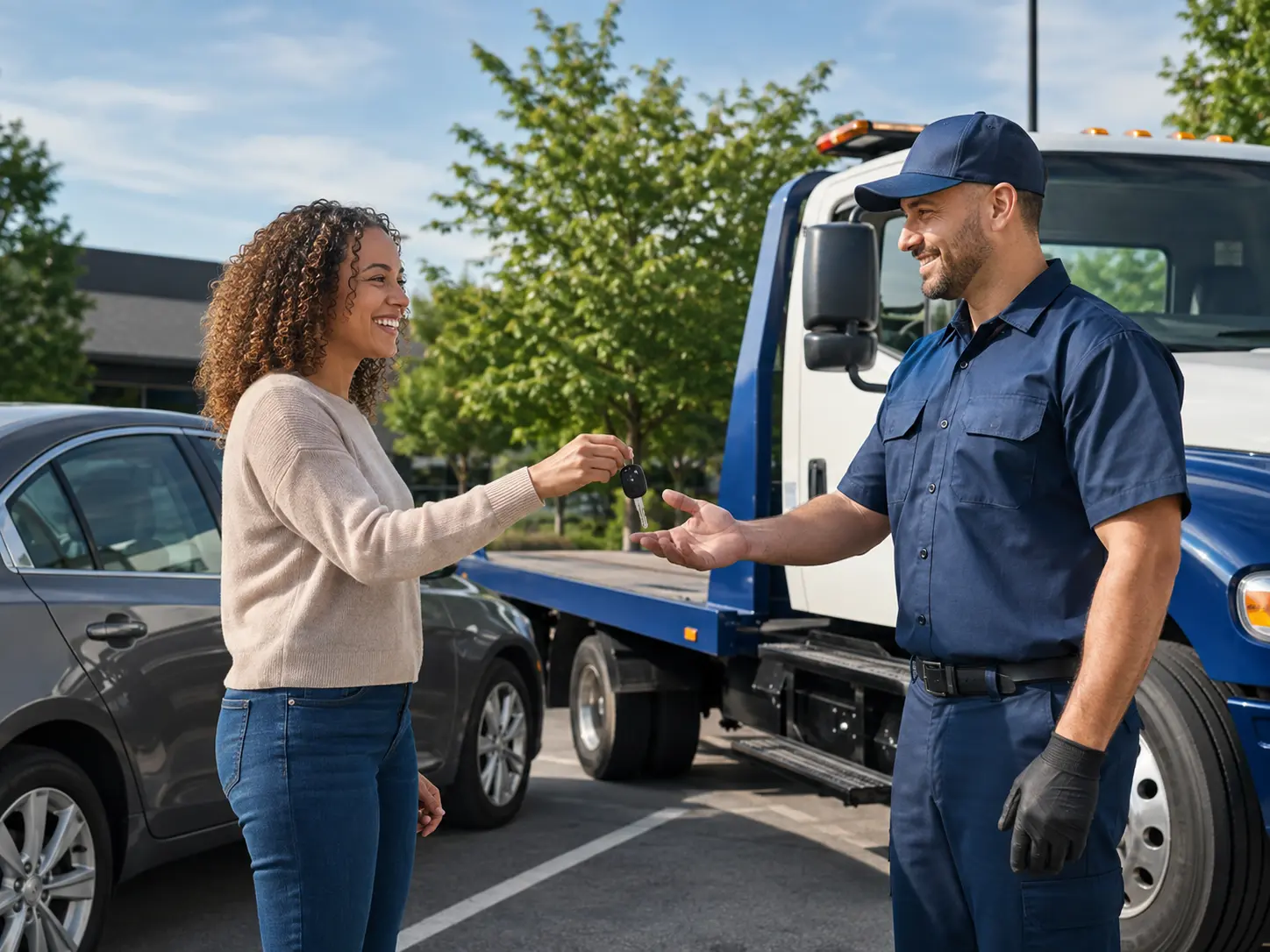 Relieved vehicle owner voluntarily handing her car keys to a professional tow driver