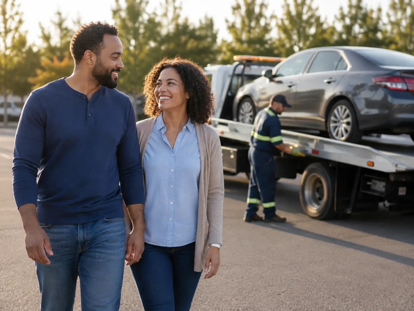 Relieved couple walking away while their returned car is professionally loaded onto a flatbed